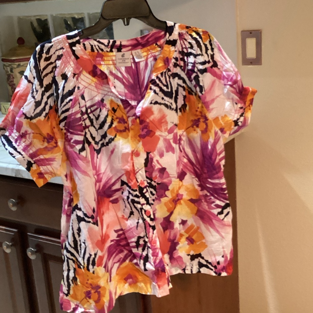 Caribbean Joe Vibrant Floral Button-Up Blouse